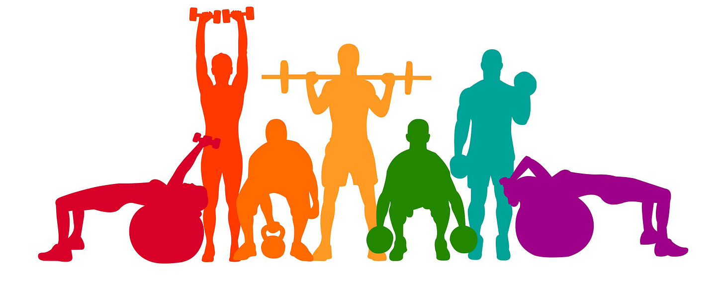Multiple colorful and varied silhouettes of people lifting weights at gym.