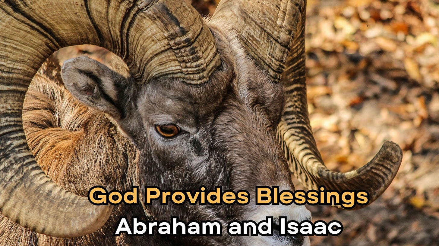 Close-up of a bighorn sheep with large, curved horns; background shows brown fallen leaves on the ground.  It includes the text: "God Provides Blessings: God's Good Creation"