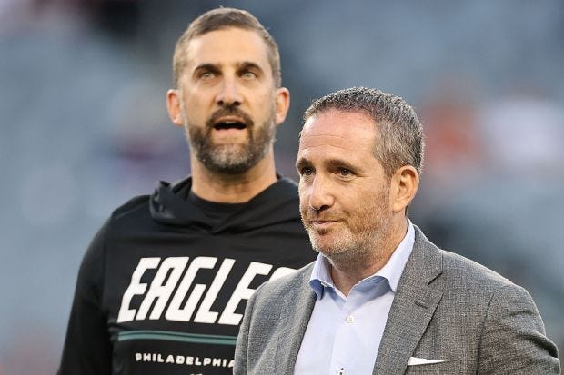 Philadelphia Eagles coach Nick Sirianni and executive vice president/general manager Howie Roseman talk prior to the game against the Chicago Bears at Soldier Field on Sept. 28, 2026, in Chicago, Illinois. (Michael Reaves/Getty Images) Philadelphia Eagles coach Nick Sirianni and executive vice president/general manager Howie Roseman talk prior to the game against the Chicago Bears at Soldier Field on Sept. 28, 2026, in Chicago, Illinois. (Michael Reaves/Getty Images)