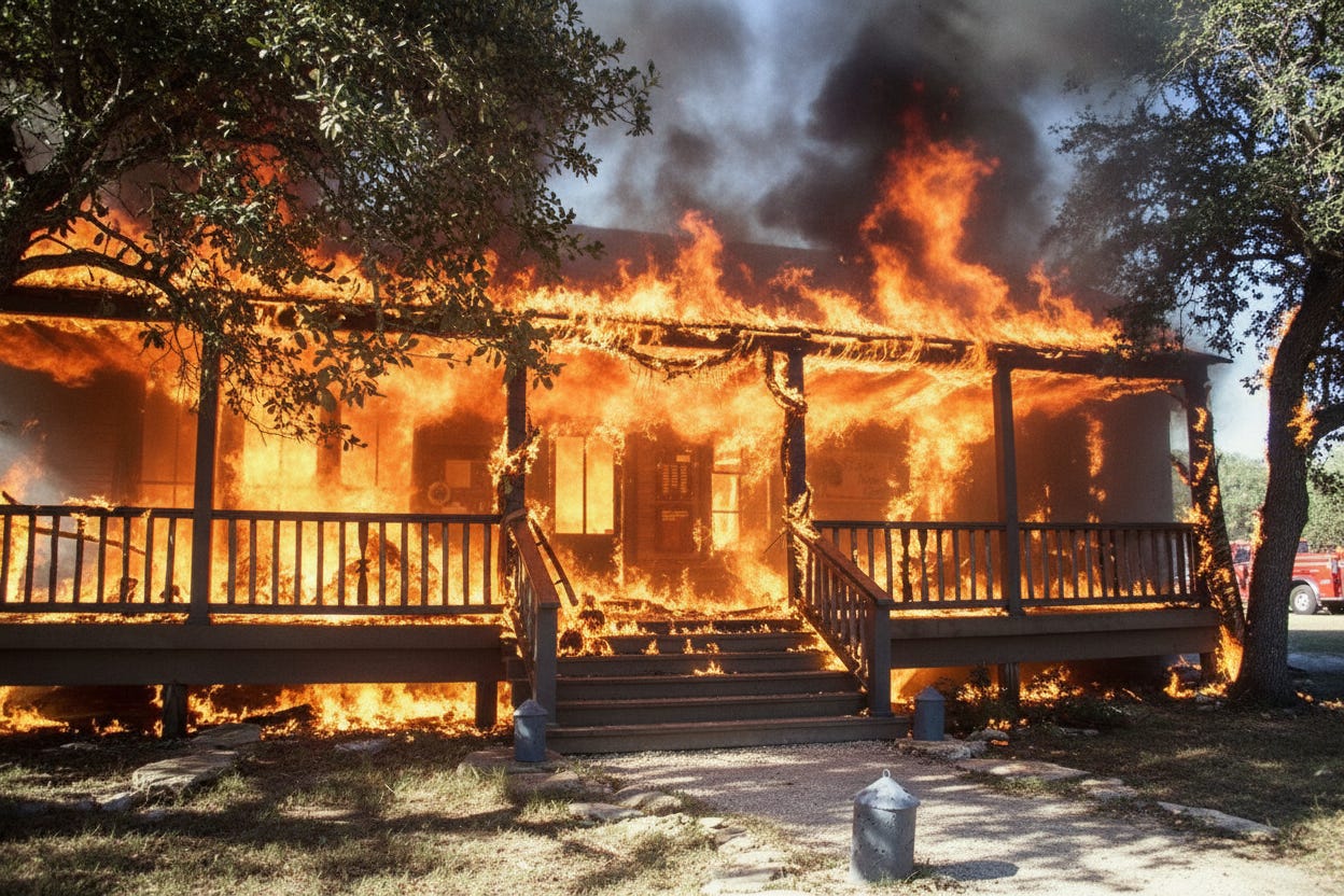 A house on fire with a porch and stairs

AI-generated content may be incorrect.
