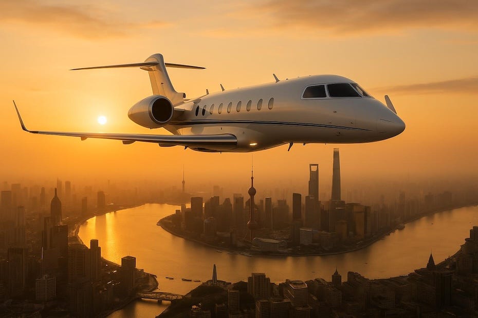 Modern business jet flying over Asian city skyline at sunset with iconic skyscrapers and waterfront
