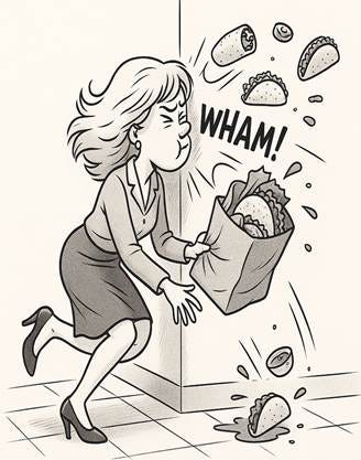 A person running away from a bag of tacos

AI-generated content may be incorrect.