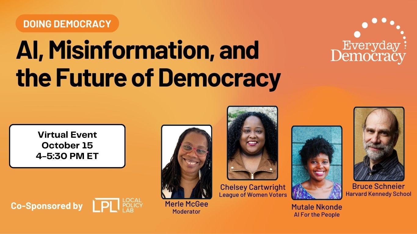AI, Misinformation and the Future of Democracy | Virtual event October 15, 4-5:30pm ET (Everyday Democracy)