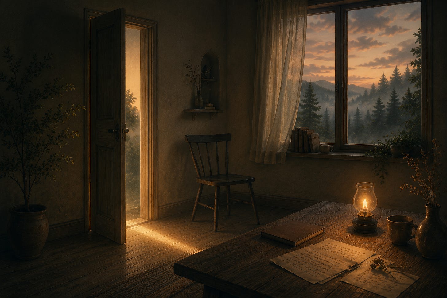 A softly lit room at dusk with a half-open door, an empty chair, a glowing lamp, handwritten pages on a wooden table, and a window looking out toward misty trees. A softly lit room at dusk with a half-open door, an empty chair, a glowing lamp, handwritten pages on a wooden table, and a window looking out toward misty trees.
