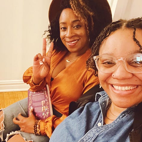 Table of colorful books, Sister Outside by Audre Lorde, Ymani and Ina smiling, Table with food, Ymani leaving a conference in an elevator, Cold brew coffee and plants.