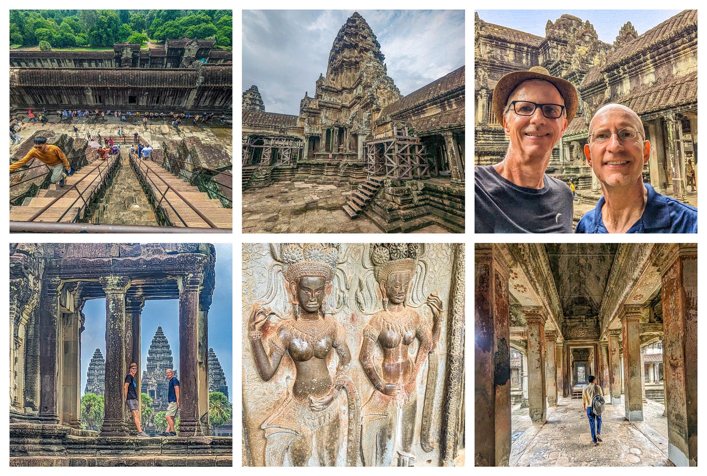 A collage of six photos showing the steep stairs, one of the towers against a dark sky, Brent and Michael, a carving of two female dancers, and one of the galleries. 