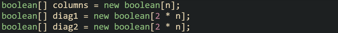 boolean[] columns = new boolean[n]; boolean[] diag1 = new boolean[2 * n]; boolean[] diag2 = new boolean[2 * n];