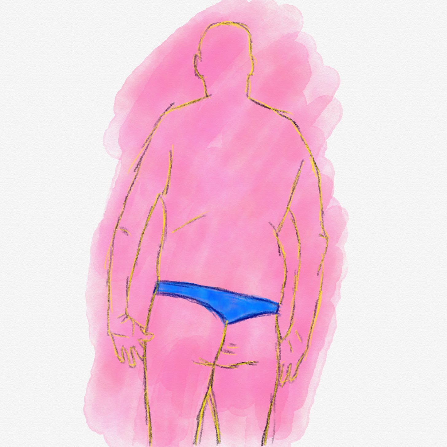 A sketch of a male body in yellow outline, with a blue thong on.