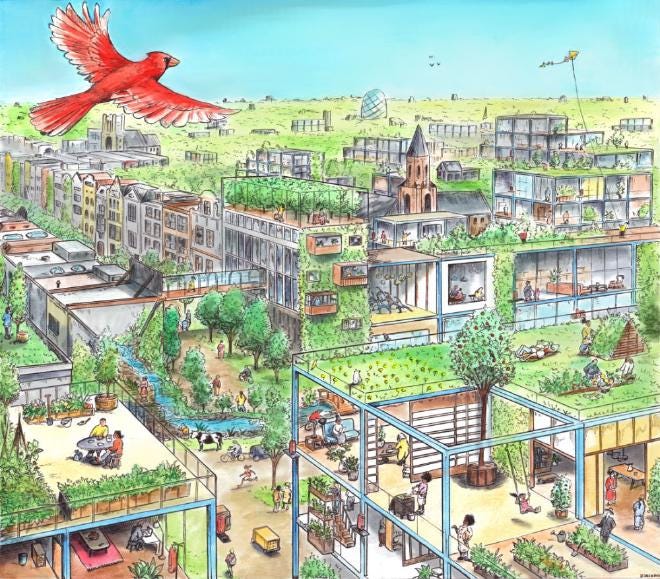 Retrofitted City - A dense urban area that is heavily rewilded with trees and rivers along the streets, a forest amidst the buildings, and rooms converted into indoor farming and other community activites.
