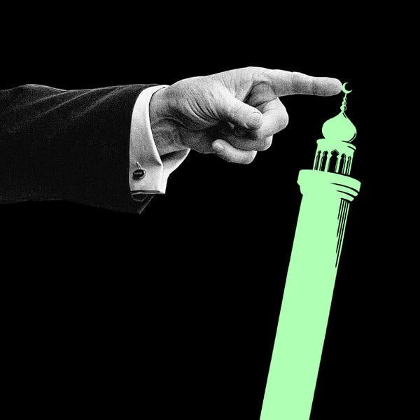 A man’s finger points at a crescent moon atop a minaret, appearing to tip it over.