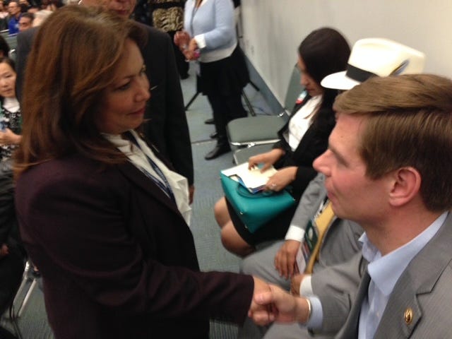 Representative Eric Swalwell meets Assemblywoman Patty Lopez (D-San Fernando), another unlikely elected official and beneficiary of the top two electoral system, at the 2015 California Democratic Party Convention.