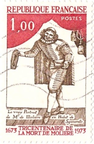 Emissões francesas (1973 e 1953) comemorativas que associam a trajetória  de Molière à fragilidade física e ao colapso em cena, evocando o impacto da doença no corpo e na representação.