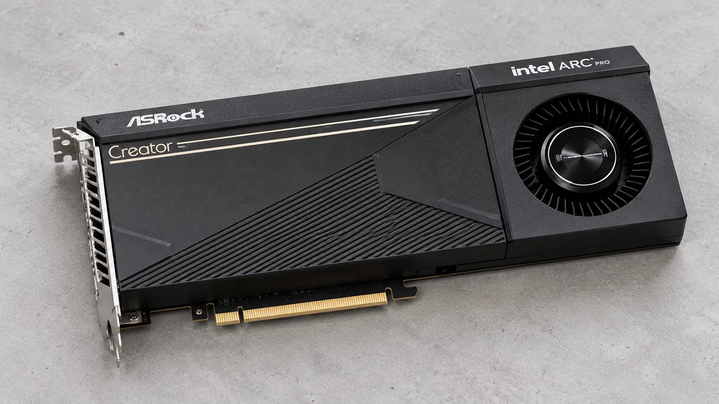 ASRock Arc Pro B70 Creator 32GB on a workbench, a 32GB option for larger quantized local LLMs.