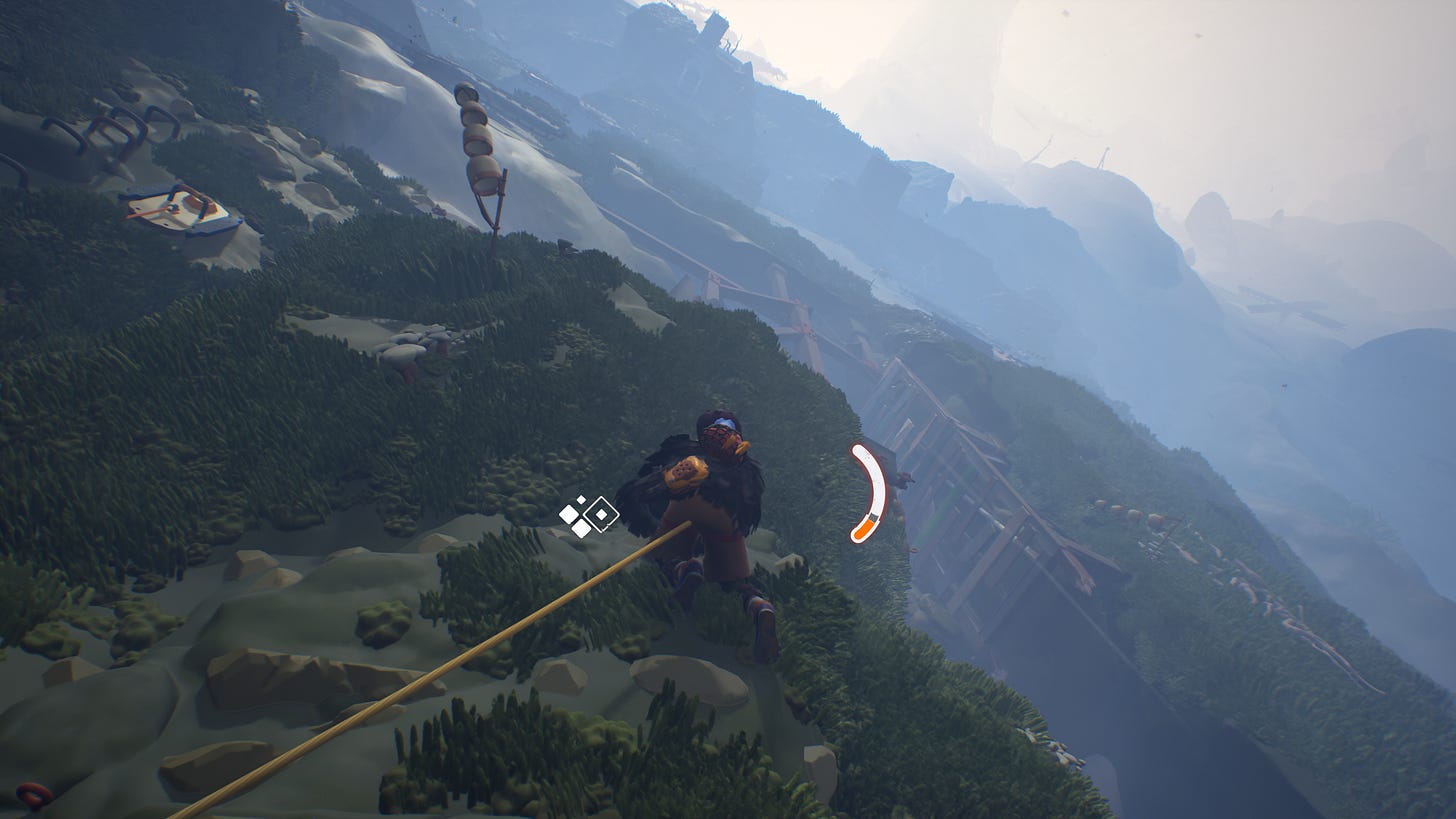 A climber with a curved stamina gauge. The top half of the gauge is solid white, then there's a little transparent gap and the rest is orange A climber with a curved stamina gauge. The top half of the gauge is solid white, then there's a little transparent gap and the rest is orange