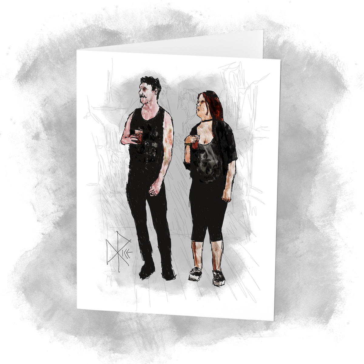 Dressed in mostly black, a couple stand and listen to a band while holding glasses of beer. Sketch art by Don Rice. Dressed in mostly black, a couple stand and listen to a band while holding glasses of beer. Sketch art by Don Rice.