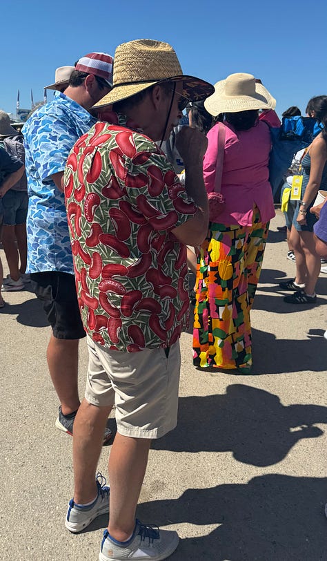 Photos of food-themed clothing worn at the New Orleans Jazz Festival 2025