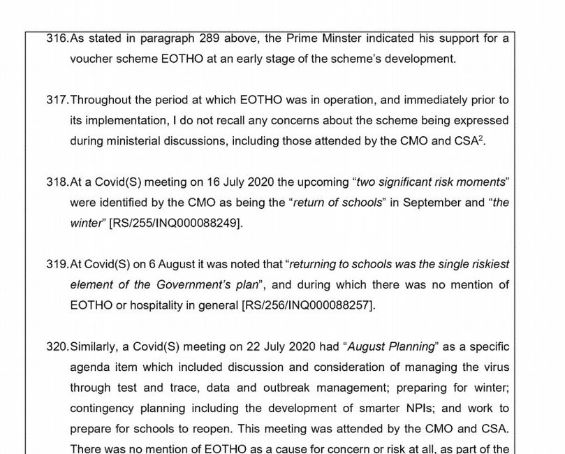 "Schools was the single riskiest element" Sunak's Inquiry witness statement, August 2020