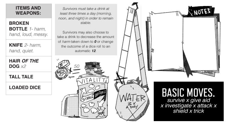 Character inventory with canteen, weapon, items, and vitality tracker