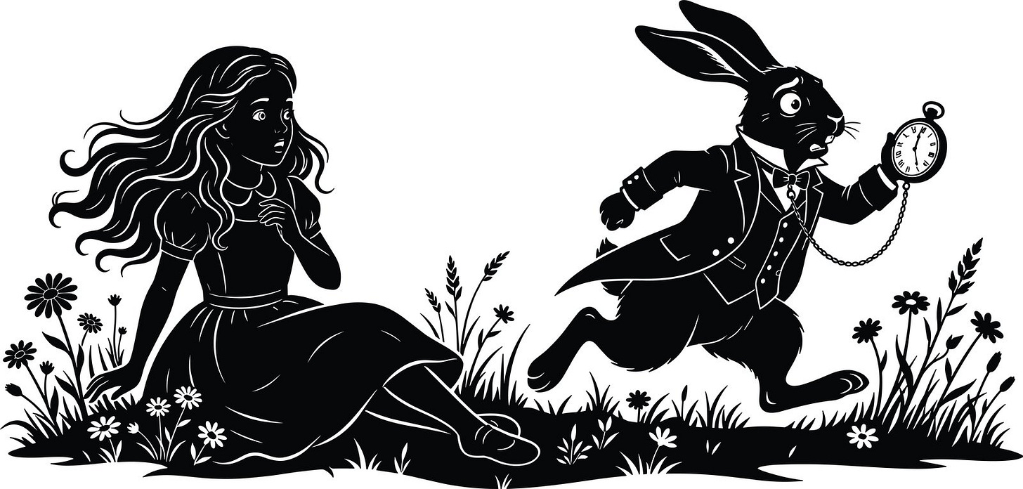 A girl and a hurrying rabbit with a pocketwatch
