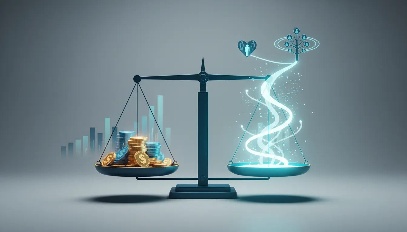 Metaphorical balance scale showing coins fading while a glowing energy stream represents vitality, capacity, and life impact over profit alone.