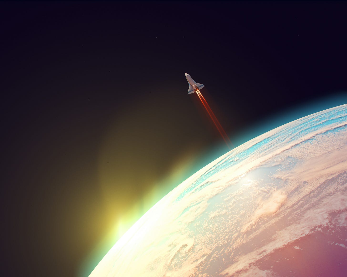 a 3D render of a ship flying out of Earth's orbit and into space. 