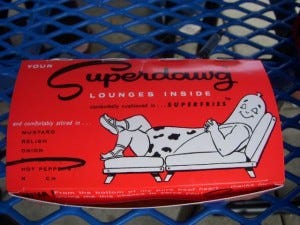 At Meathead's prodding, I go for the Superdawg with everything—even hot peppers.