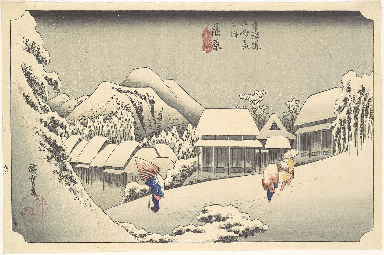 Utagawa Hiroshige, Evening Snow at Kanbara, about 1834 Utagawa Hiroshige, Evening Snow at Kanbara, about 1834
