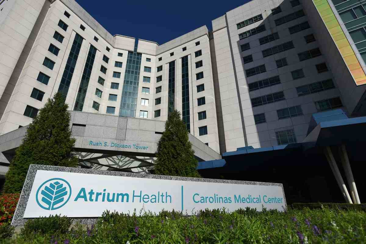 A hospital building in Charlotte which says Atrium.