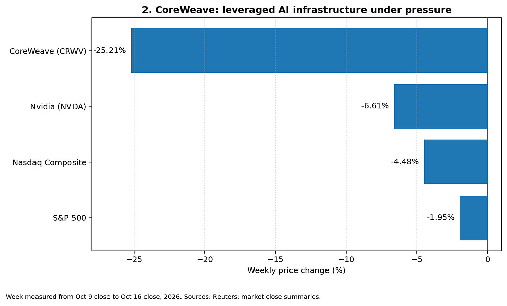 CoreWeave’s 25.21% weekly decline dwarfed the losses in the broader market. CoreWeave’s 25.21% weekly decline dwarfed the losses in the broader market.