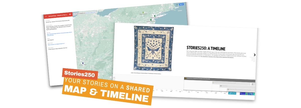Graphic image showing screenshots and the text "Stories250, your stories on a shared map and timeline"