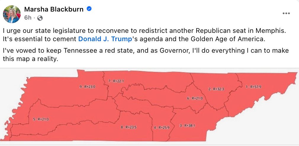 A tweet from Senator and gubernatorial candidate Marsha Blackburn, demanding the state legislature in Tennessee reconvene to redistrict out the last Democratic seat in the state.