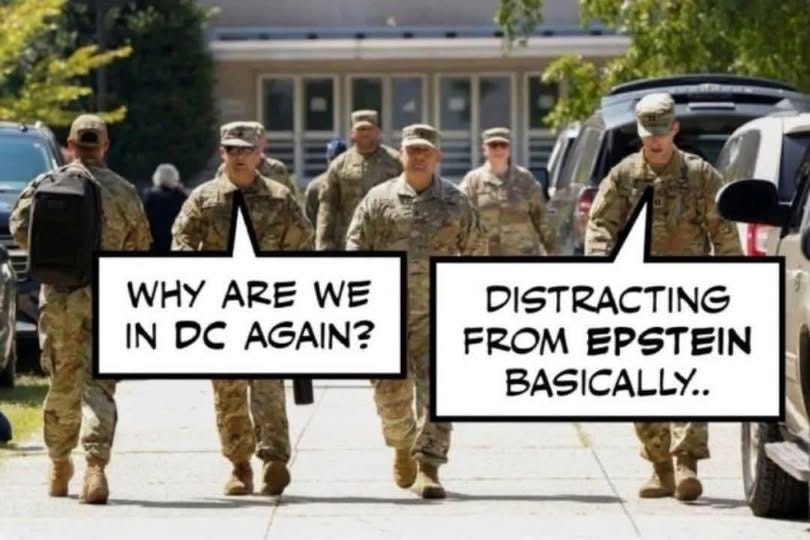 May be an image of 7 people and text that says 'WHY ARE WE IN DC AGAIN? TE DISTRACTING FROM EPSTEIN BASICALLY..'