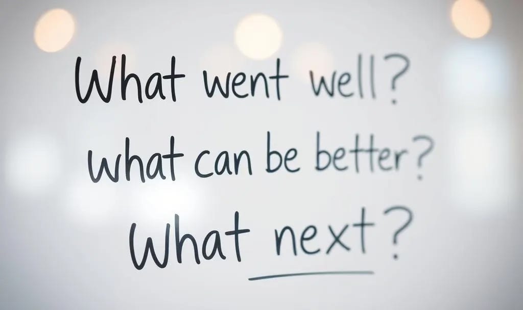 Whiteboard with handwritten questions: “What went well? What can be better? What next?” Whiteboard with handwritten questions: “What went well? What can be better? What next?”