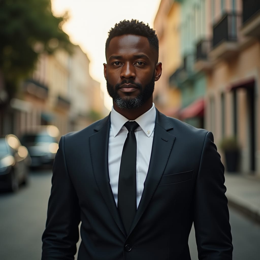 A confident Jamaican project manager, dressed in a tailored suit and tie, stands with authoritative poise, exuding leadership. Soft, warm light casts a gentle glow on his face, accentuating his determined expression. The background is a blurred, muted cityscape, with hints of tropical architecture, subtle reminders of his Caribbean heritage.