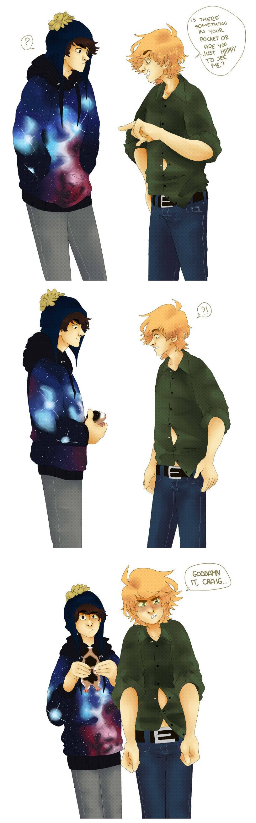 Fanart of Southpark's Craig Tucker and Tweek. Artist: idontcare12344 | https://idontcare12344.tumblr.com/
