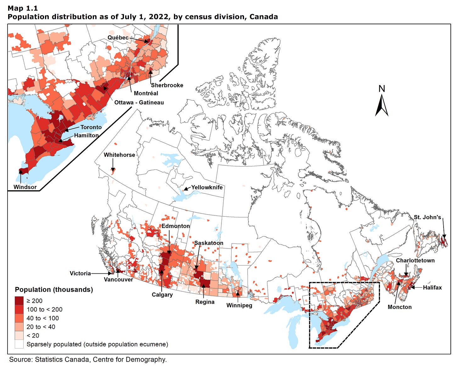 Map 1.1 Population distribution as of July 1, 2022, by census division, Canada 