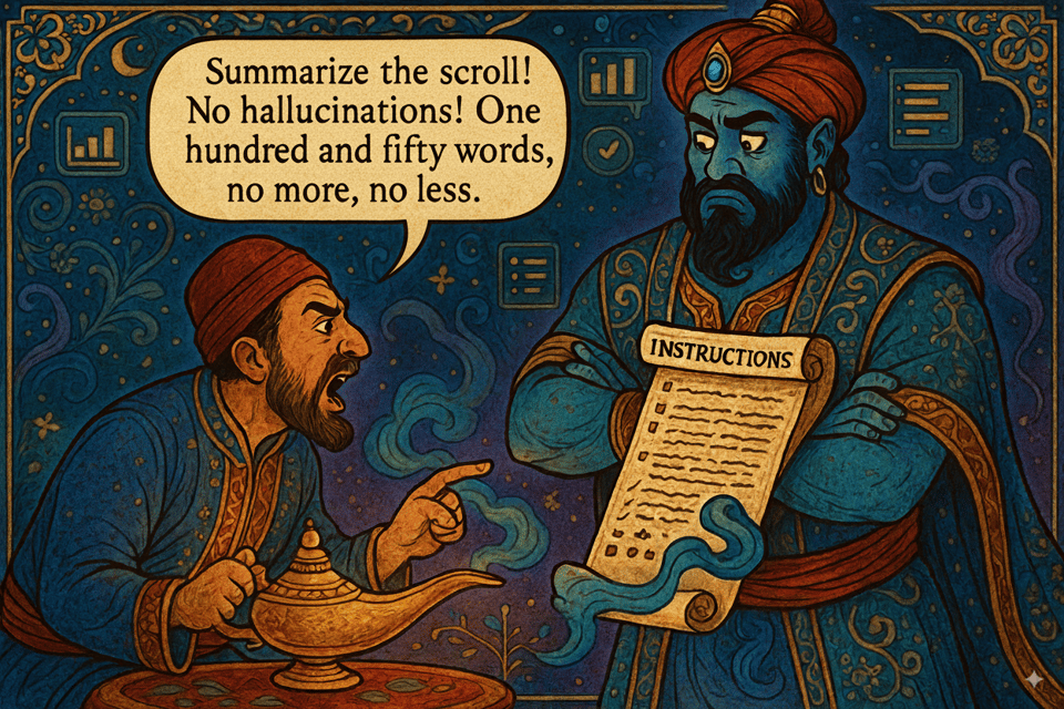 Aladdin holding lamp and yelling instructions at an annoyed genie