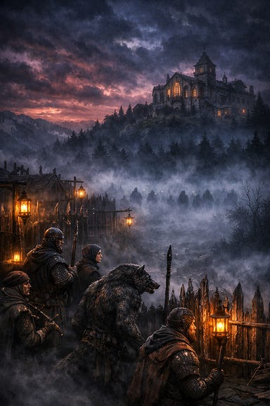 Krezk awaiting another undead attack bruised twilight sky half rebuilt palisades lanterns flickering through mist villagers and werewolves standing watch Abbey looming broken windows storm clouds gathering fog thickening shapes moving beyond treeline tense gothic atmosphere