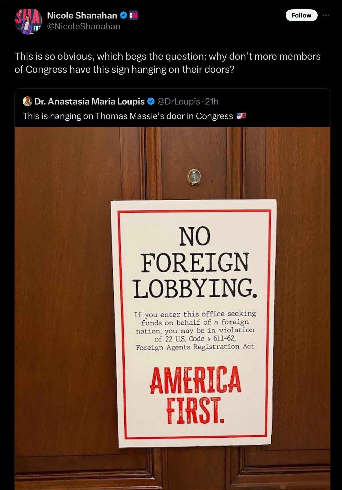 Christopher Webb on X: "This is bad!!! @NicoleShanahan is fawning over Rep. Thomas  Massie's 'America First' sign posted on his office door at the Capitol. She  either doesn't know the racist history