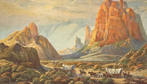 American Settlers Heading West in Covered Wagons, 1800s. Art Prints,  Posters & Puzzles from Fine Art Storehouse