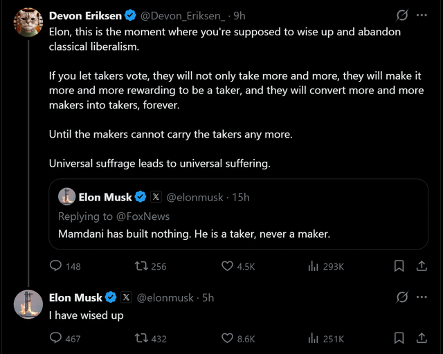 r/elonmusk - Elon "wised up" from his previous classical liberalism position r/elonmusk - Elon "wised up" from his previous classical liberalism position