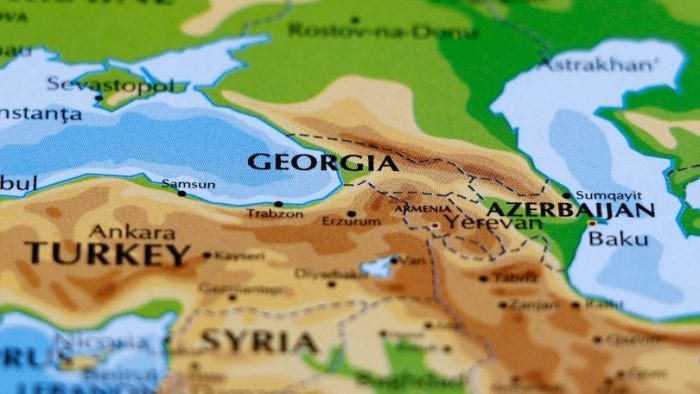 close up of a world map with europe georgia and azerbaijan in focus