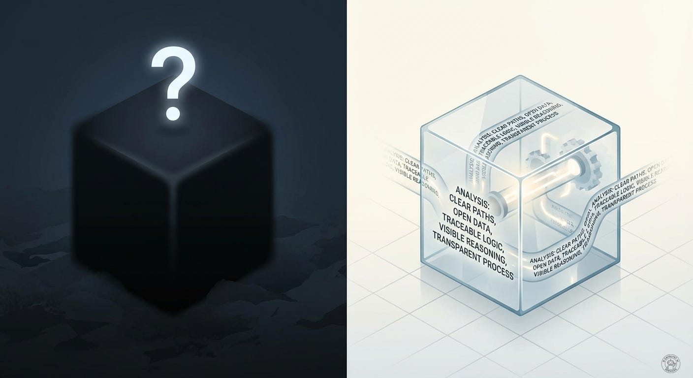 Split image comparison: left side shows opaque black cube with hidden internal processes, right side shows transparent glass cube with visible reasoning chains in natural language, contrast between inscrutable AI and interpretable AI, the transparent version has English text visible inside Split image comparison: left side shows opaque black cube with hidden internal processes, right side shows transparent glass cube with visible reasoning chains in natural language, contrast between inscrutable AI and interpretable AI, the transparent version has English text visible inside