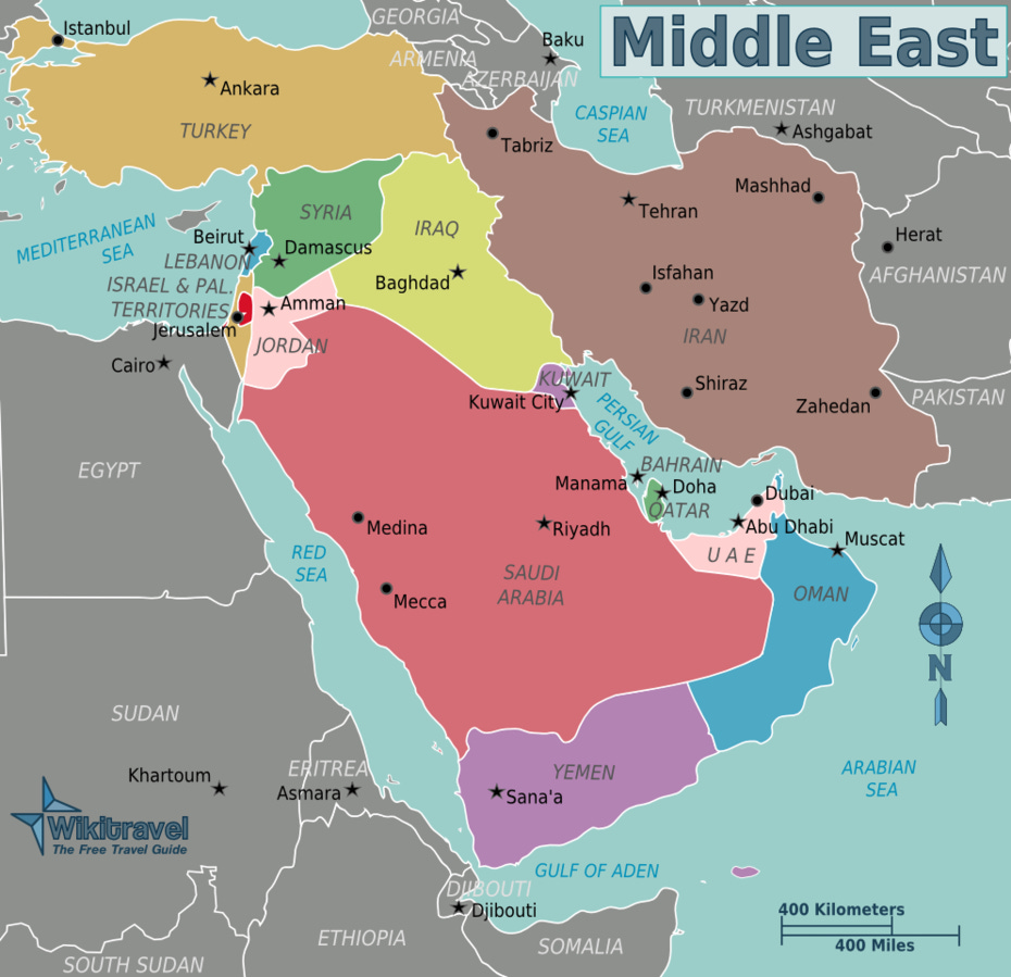 Map of the Middle East from Wikitravel. The narrow neck of water between the Persian Gulf and Arabian Sea is the Strait of Hormuz, through which about 20% of the world’s oil moves.