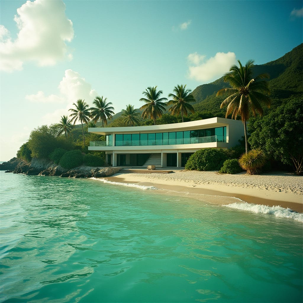 Modern Jamaican school building with sleek glass façade, nestled among lush tropical trees, overlooking the turquoise waters of a pristine beach.
