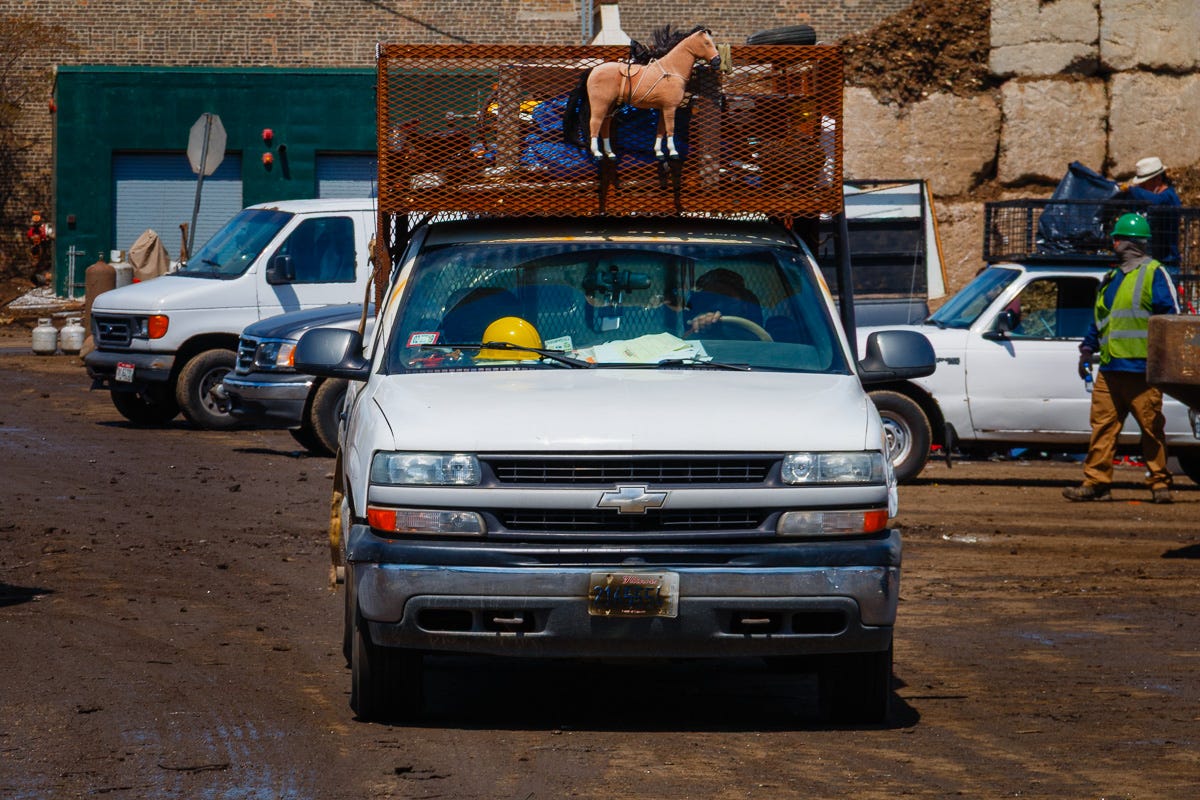 White pickup truck with a toy horse mounted to a wire basket on its roof, surrounded by other vehicles in the yard.
