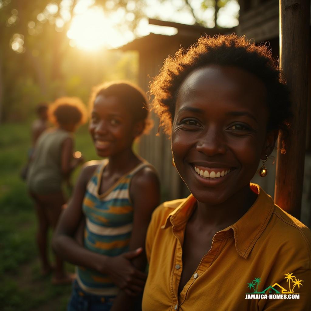 Warm sunlight casts a golden glow on the vibrant faces of hardworking Jamaican people, their bright smiles and determined expressions a testament to their resilience, set against a richly textured, earthy backdrop of lush greenery and rustic wooden structures