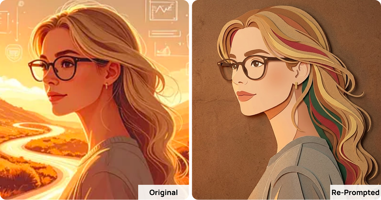 A transformation example created by Karo (Product With Attitude) using a Nano Banana restyling prompt. The left panel shows the original portrait of a woman with glasses in a warm, painterly digital illustration style. The scene is glowing with sunset colors: orange tones, soft light, and a winding road in the background.  The right panel shows the Nano Banana–generated restyle, turning the same woman into a layered paper-cut character. Her features, glasses, and hair are rebuilt as stacked paper shapes with clean edges and soft shadows that create dimensional depth. The hair is reinterpreted in multiple layers of cut paper strips, adding a tactile, handcrafted look while preserving the original pose and overall silhouette.  The bright outdoor background is replaced with a brown craft-paper texture, enhancing the cosy, analogue, minimalist feel. The result mixes AI precision with a warm, handmade, Nordic craft aesthetic, showing how Nano Banana can convert painterly AI art into a clean, textured paper-cut portrait.  Themes include: AI restyling, paper-cut textures, tactile design aesthetics, handcrafted analogue simulation, cosy transformation workflows, and prompt-based aesthetic shifts.