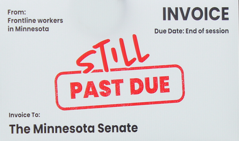 a graphic of an invoice reading "Still past due" in red letters from Frontline workers in Minnesota to the Minnesota Senate