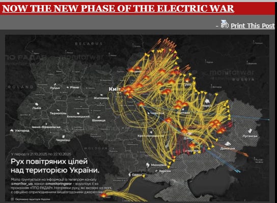 Map of Ukraine and surrounding regions including Russia and Belarus with yellow lines tracing paths of strikes from launch points in Russia to targets across Ukraine, overlaid on a dark background with labels in Russian for strike paths and a red header title in English reading NOW THE NEW PHASE OF THE ELECTRIC WAR.